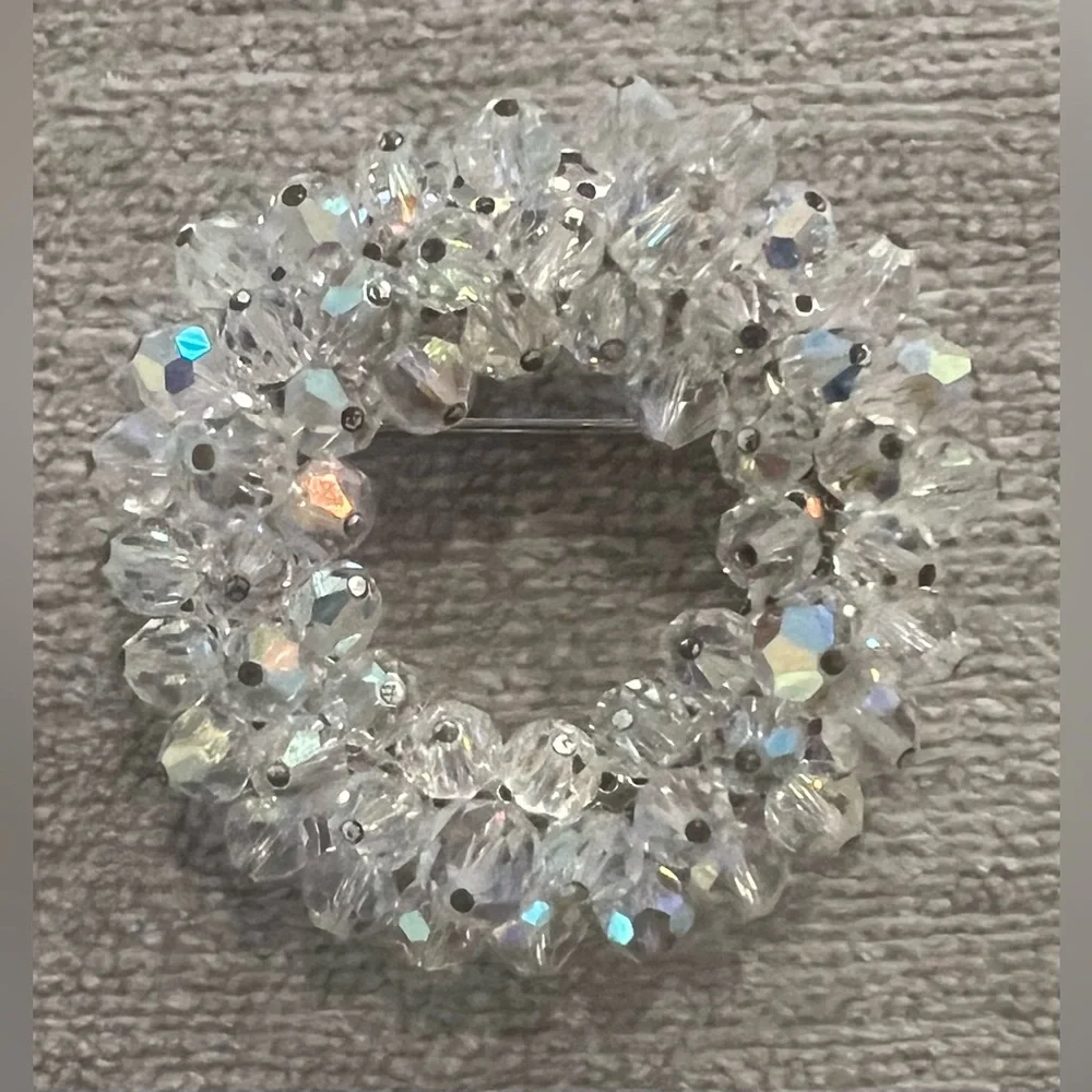 Vintage Clear Round Aura Borealis Crystal Silver Brooch